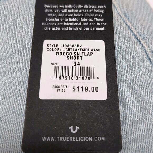 True Religion Rocco Denim Shorts Mens Size 34 Flap Light Wash Jean Jorts NEW NWT - Picture 12 of 16